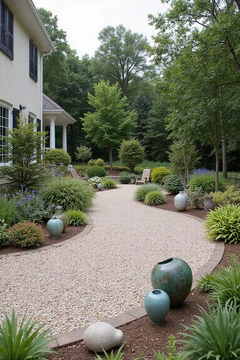 A photo of a typical American home's garden gravel patio with decorative garden sculptures and artistic elements placed among carefully arranged gravel patterns.