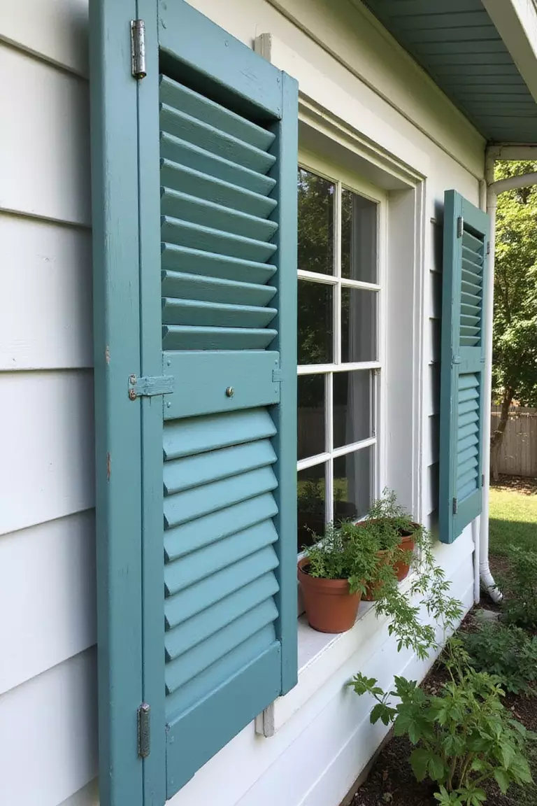 Repurposed Shutters A photo of a typical American home's garden featuring vintage wooden shutters painted in teal blue mounted on an exterior wall with small potted plants on their slats.