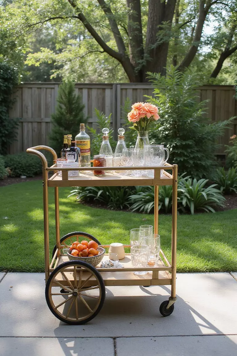 A photo of a typical American home's garden with a stylish bar cart on wheels, stocked with glasses, bottles and garnishes