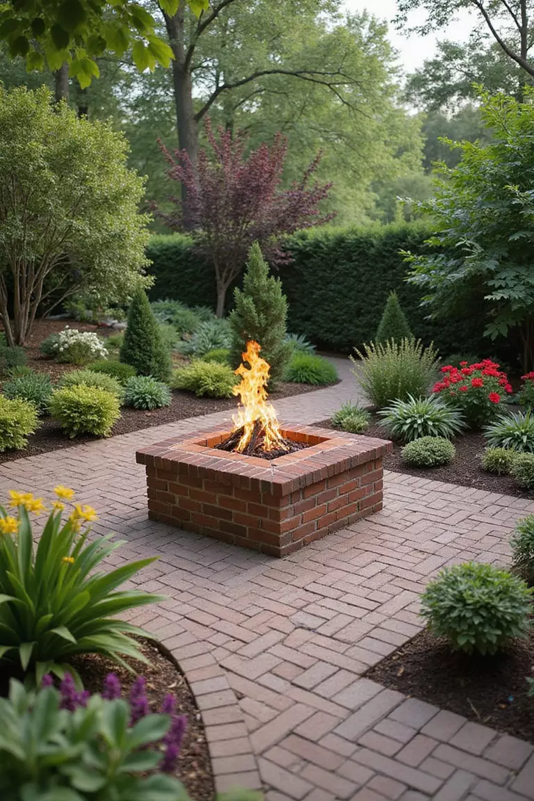 A close-up photo of a typical American home's garden featuring a square brick fire pit with flames, surrounded by a matching brick patio and colorful plants