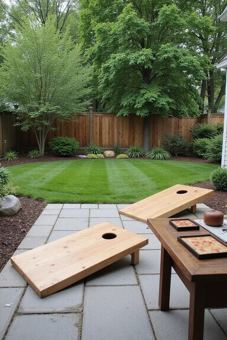 A photo of a typical American home's garden with a section of patio dedicated to outdoor games, featuring a cornhole set and a small table with board games.