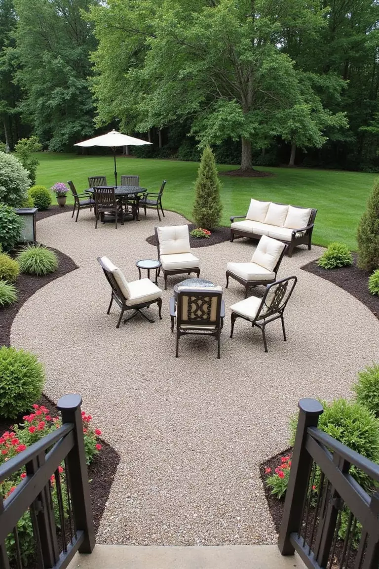 A photo of a typical American home's garden gravel patio with furniture arranged in conversation circles, featuring outdoor dining and lounge areas on smooth gravel.