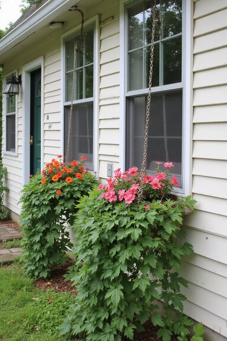 A photo of a typical American home's garden with hanging window boxes suspended by decorative chains below windows, filled with trailing ivy and colorful annuals.