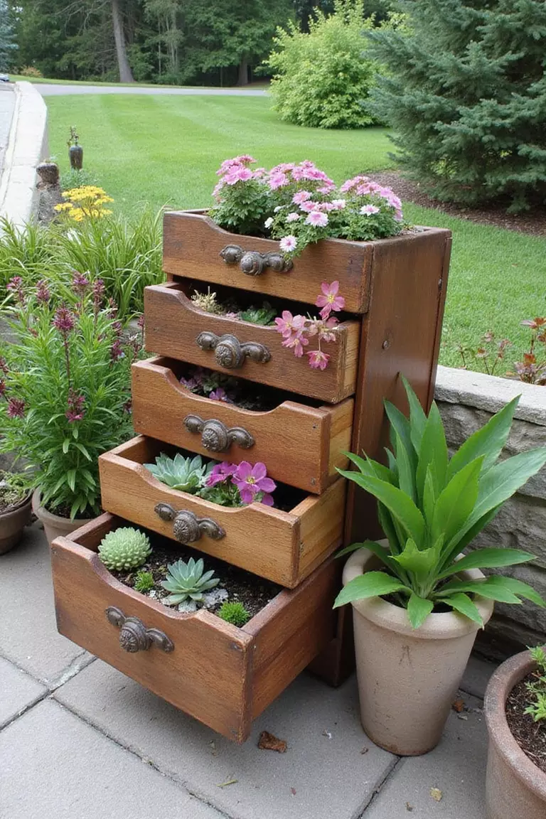 A photo of a typical American home's garden with vintage wooden drawers repurposed as planters, arranged on a patio with succulents and flowering plants.