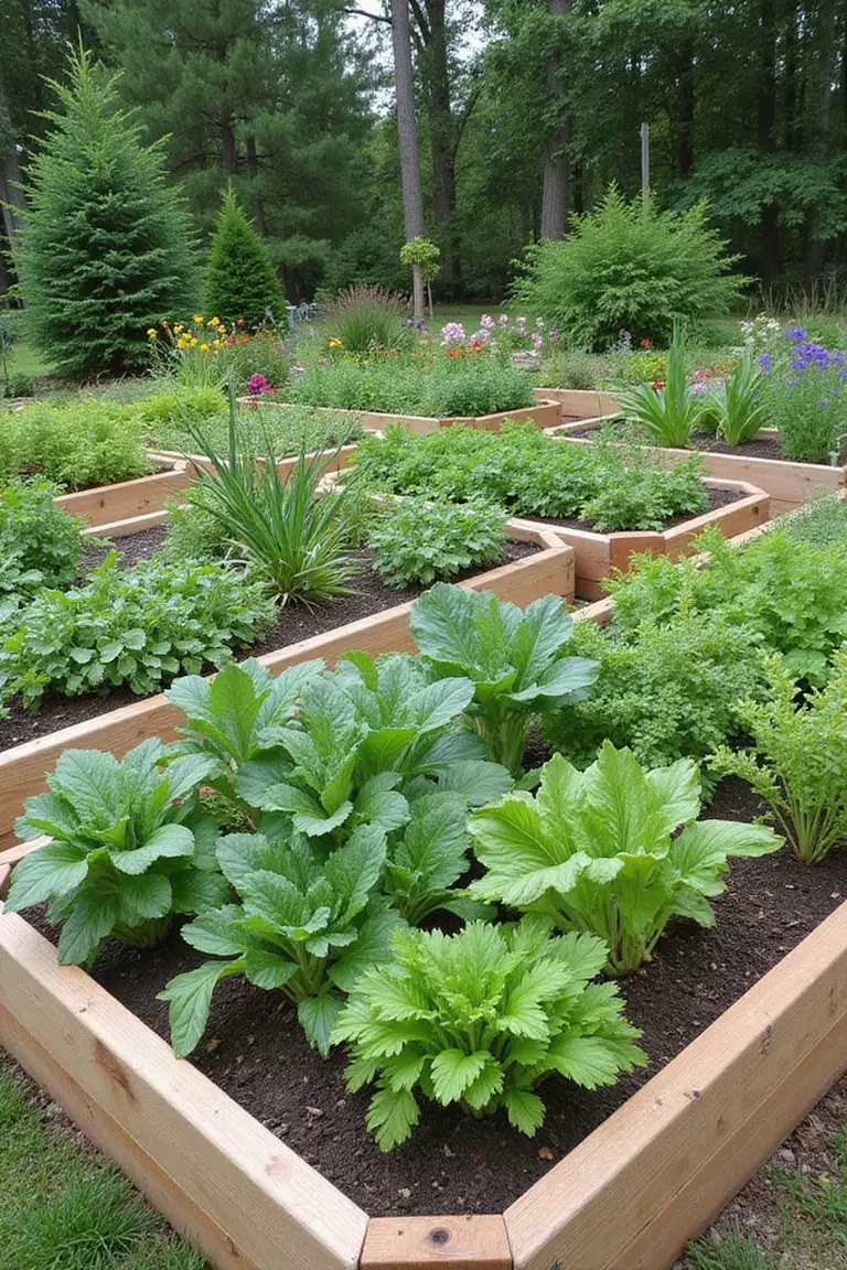 A photo of a typical American home's garden with wooden raised bed planters filled with orderly rows of vegetables, herbs and flowers.