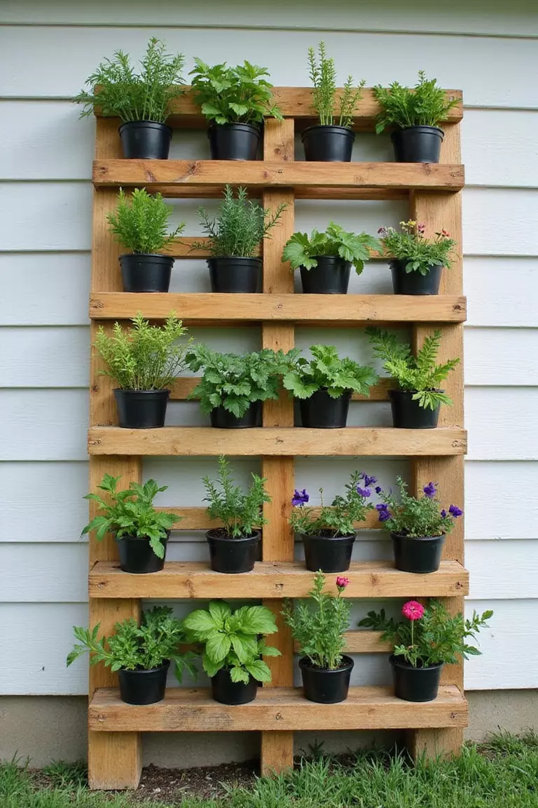 A photo of a typical American home's garden featuring a wooden pallet mounted vertically against a wall, with pockets of soil holding various herbs and flowers.