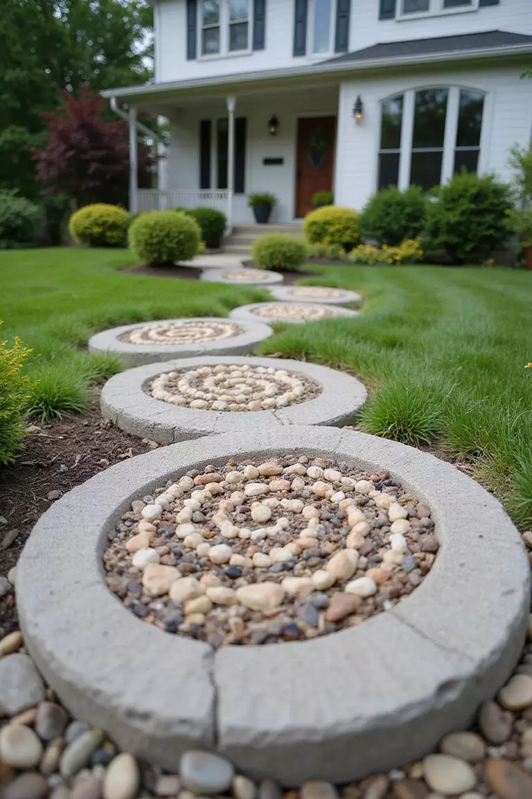 A close-up photo of a typical American home's garden showing a stepping stone made from small pebbles arranged in a spiral pattern embedded in concrete.