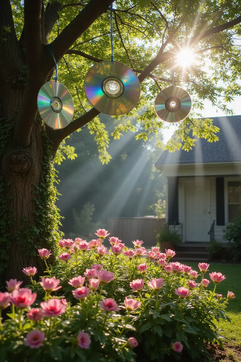 A photo of a typical American home's garden with old CDs hanging from tree branches, reflecting rainbow prisms of light across a flower bed as sunlight hits them.