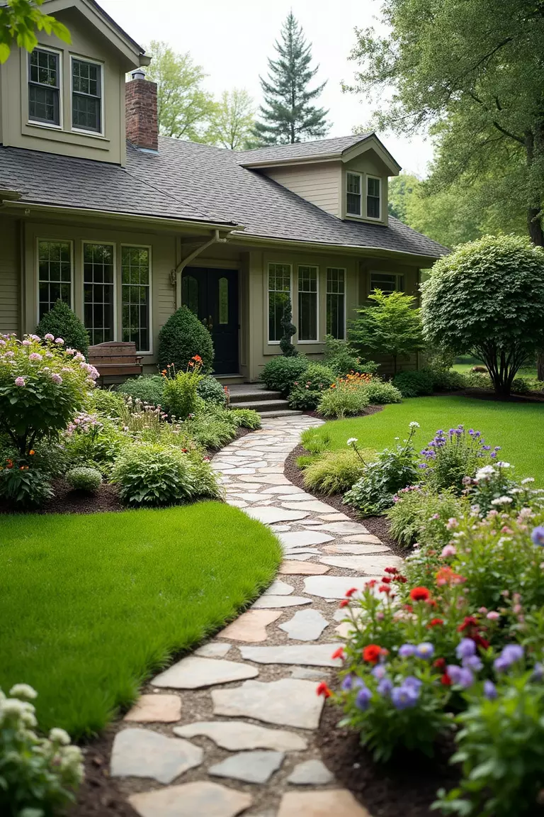 Backyard of a typical American suburban home with a garden showing a winding stone pathway meandering through colorful flower beds and leading to a small wooden bench.