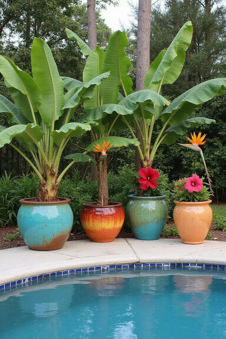 A photo of a typical American home's garden with large colorful ceramic pots containing banana plants, birds of paradise, and hibiscus surrounding a swimming pool.