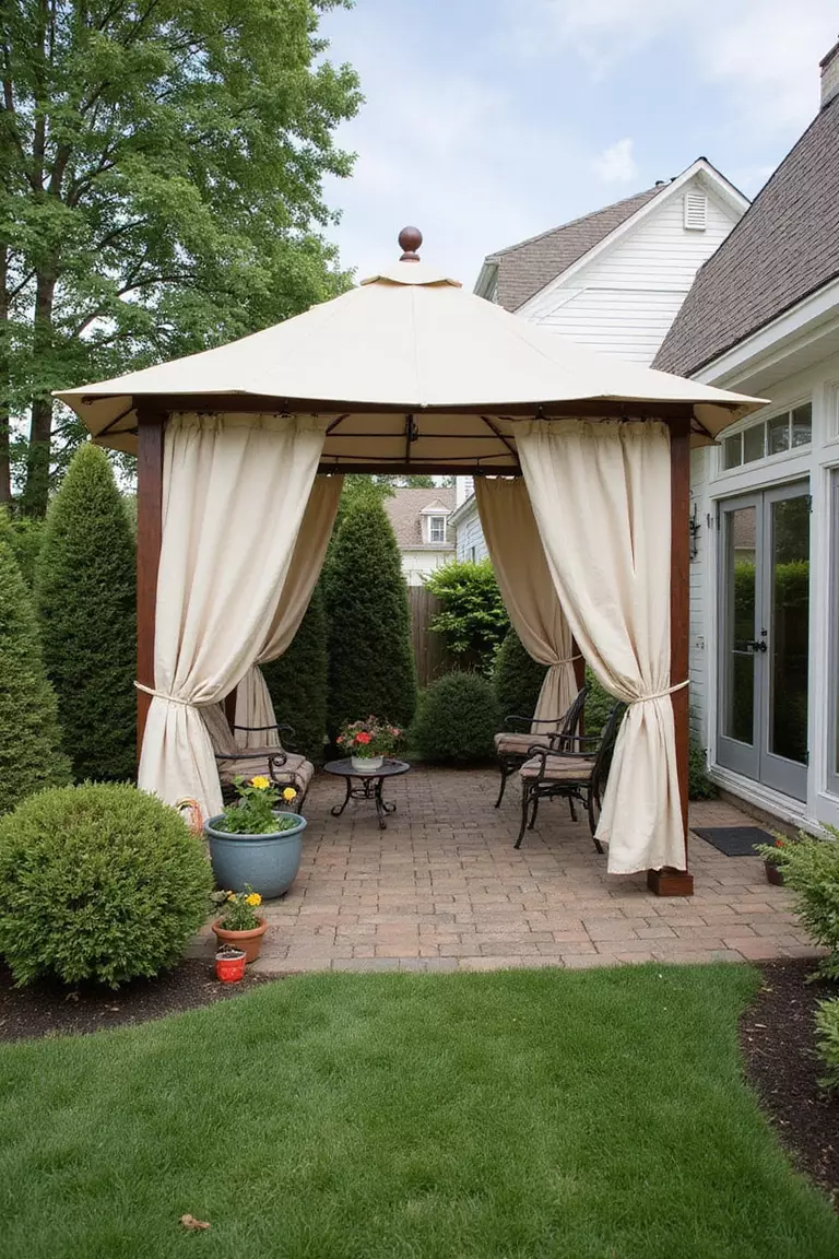 Backyard of a typical American suburban home with a garden containing a gazebo with flowing fabric roof panels in white or cream, billowing gently in the breeze, with potted plants around the base.
