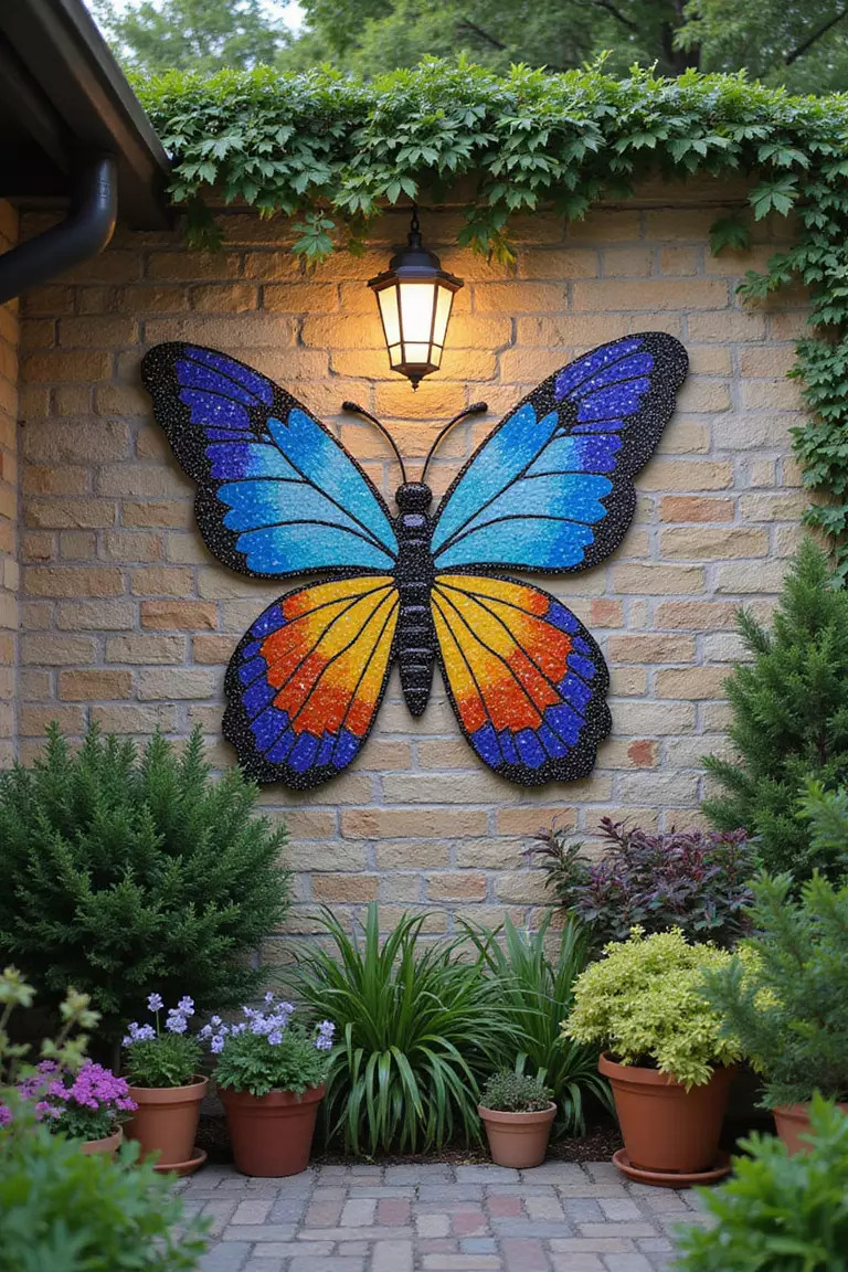 Mosaic Tile Designs A photo of a typical American home's garden wall decorated with a colorful butterfly mosaic tile design with surrounding potted plants and soft lighting.