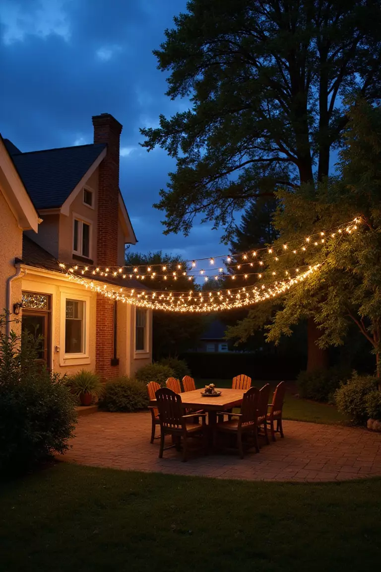 A photo of a typical American home's garden at dusk with string lights draped over outdoor dining table, creating magical twinkling canopy effect against darkening sky.