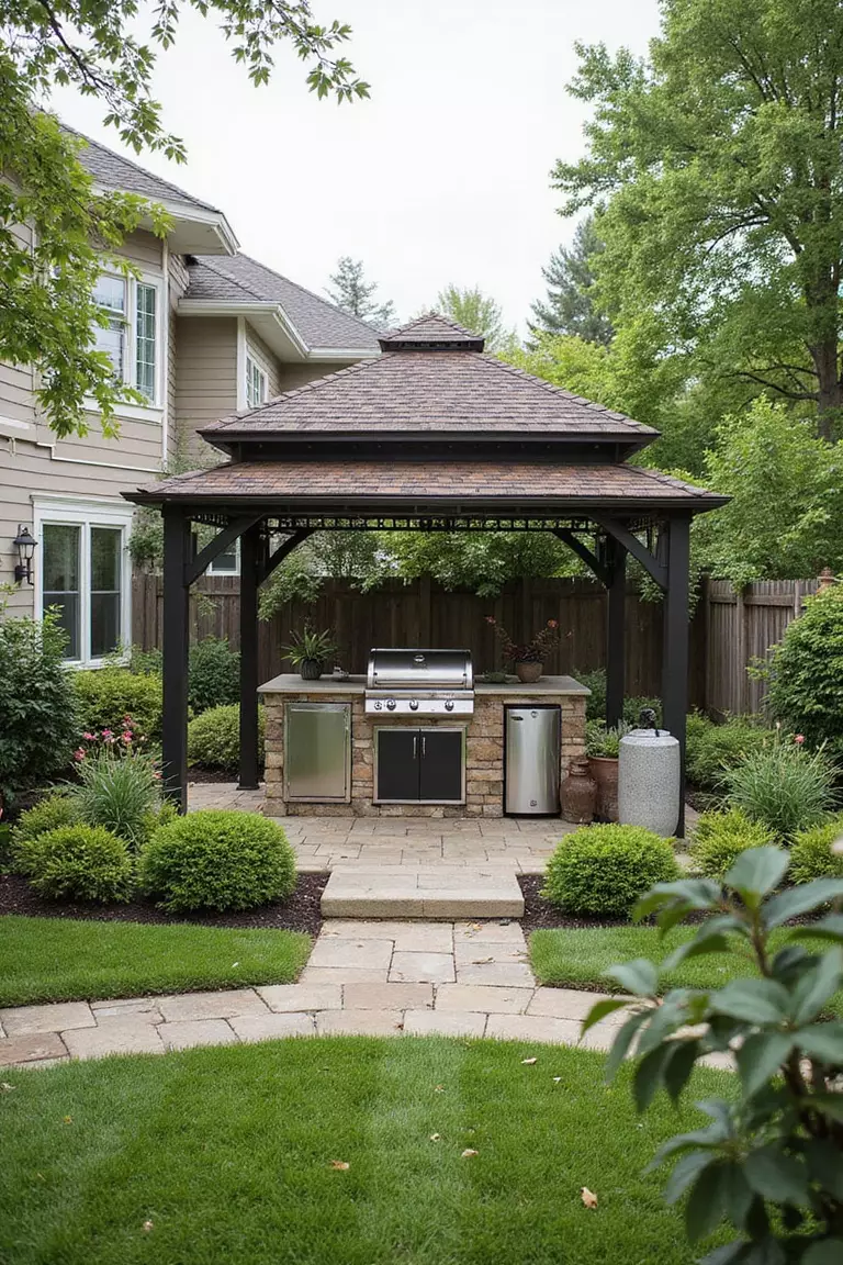 Backyard of a typical American suburban home with a garden showcasing a gazebo outfitted with a grill, counter space, small refrigerator, and dining area, creating an outdoor cooking and eating zone.