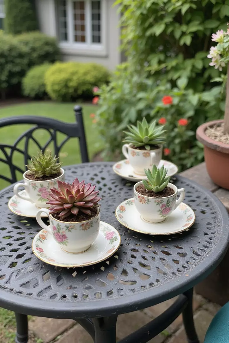 A close-up photo of a typical American home's garden with vintage teacups and saucers arranged on a patio table, each filled with small colorful succulents.