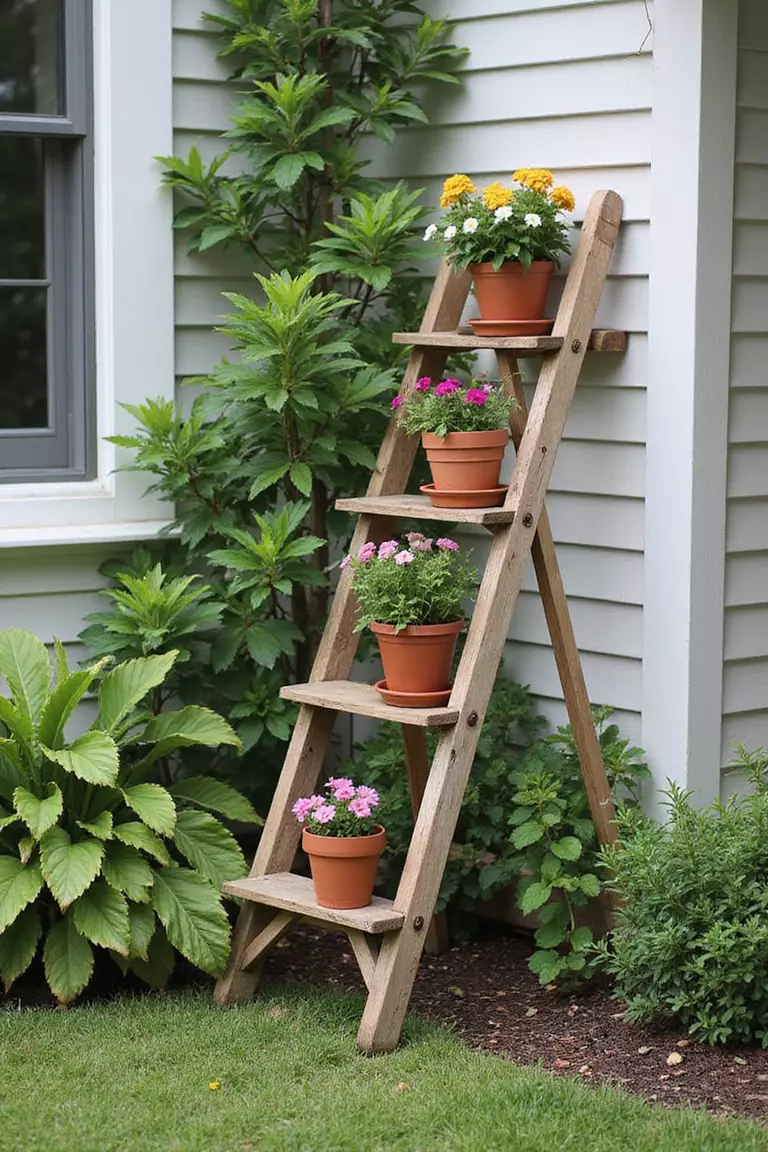 Repurposed Ladder Plant Stand A photo of a typical American home's garden corner featuring an old wooden ladder used as a tiered plant stand, with colorful potted flowers displayed on each rung.