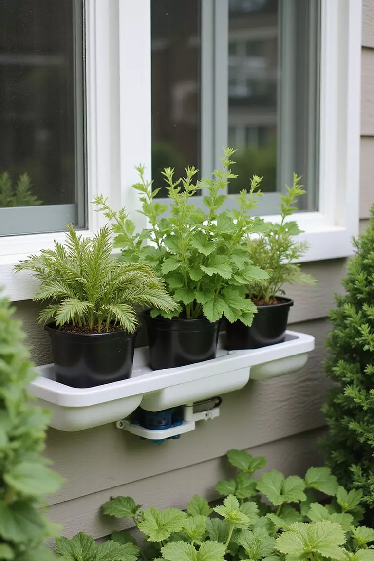 A close-up photo of a typical American home's garden featuring a modern self-watering window box system with lush, healthy plants and visible water reservoir indicator.