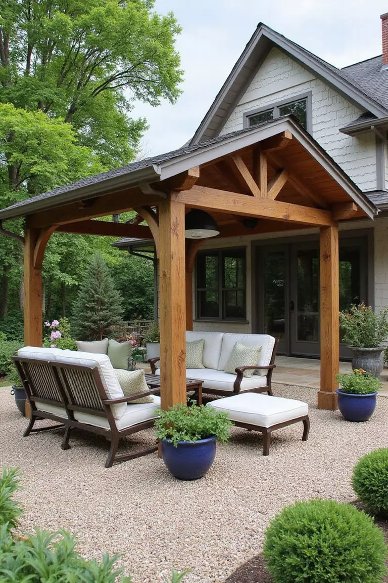 A photo of a typical American home's garden gravel patio with an open-sided pavilion structure housing comfortable outdoor furniture on a bed of smooth gravel.