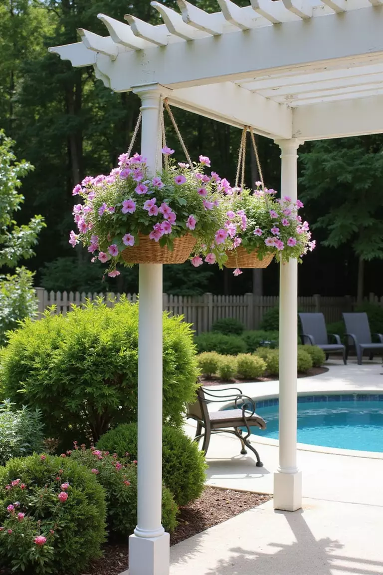 A photo of a typical American home's garden showing hanging baskets with cascading flowers suspended from posts around a swimming pool patio.