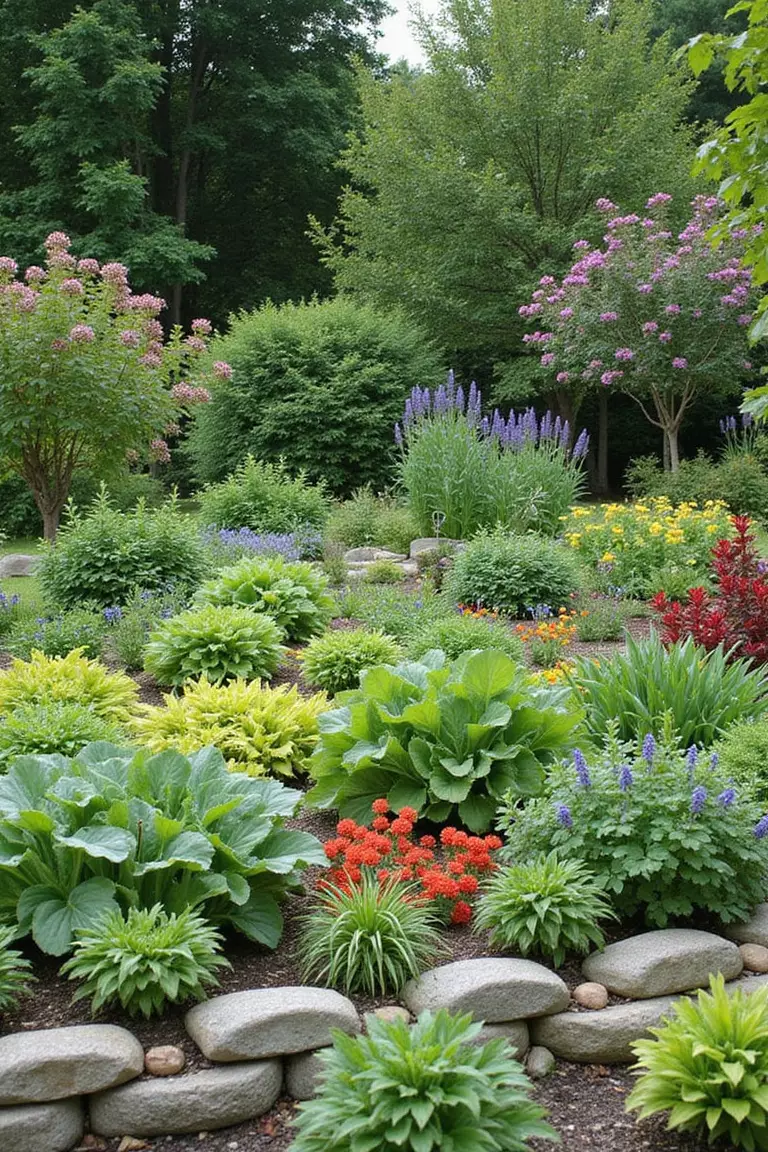 A photo of a typical American home's garden with ornamental beds featuring colorful vegetables, berry bushes, and fruit trees integrated with traditional flowering plants.