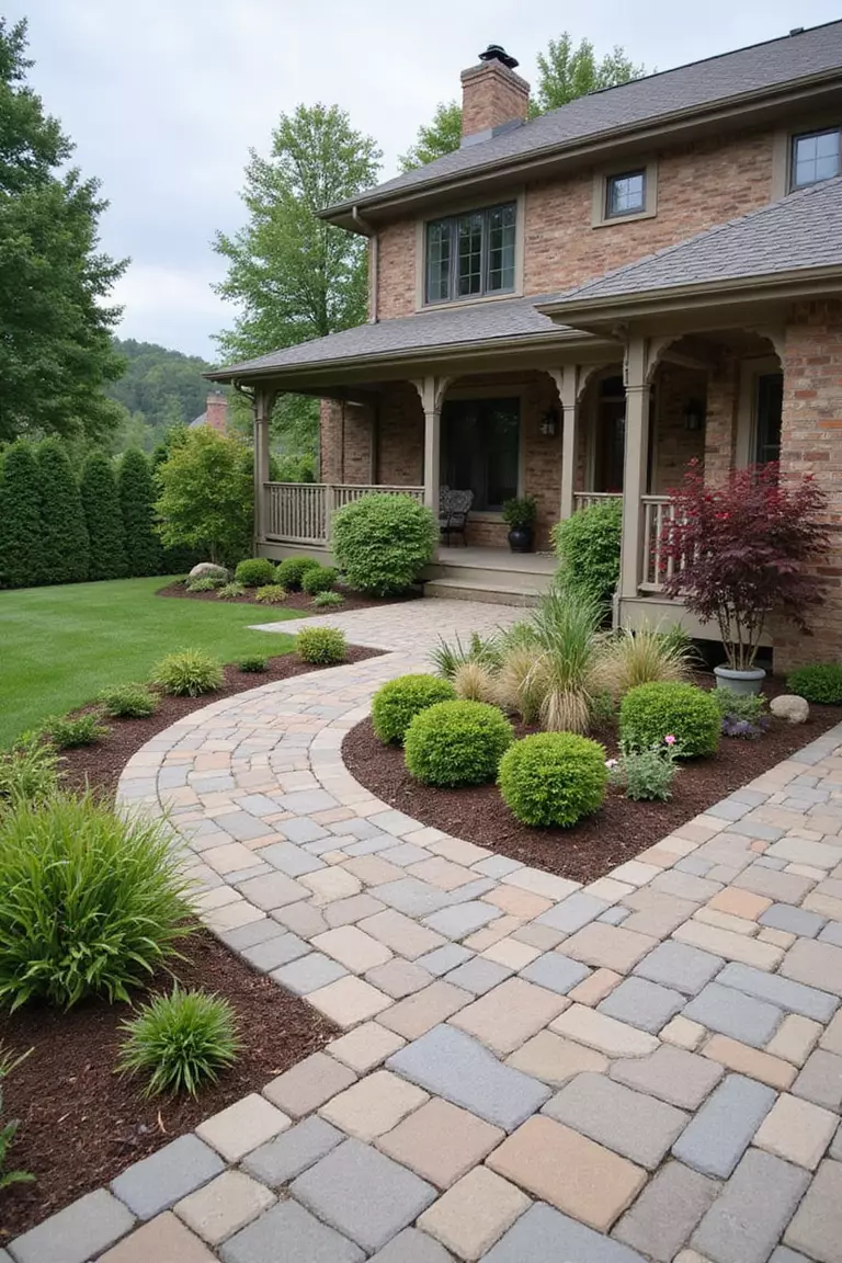 A photo of a typical American home's garden with pavers used consistently for patio, walkways, and driveway, creating a unified landscape design.