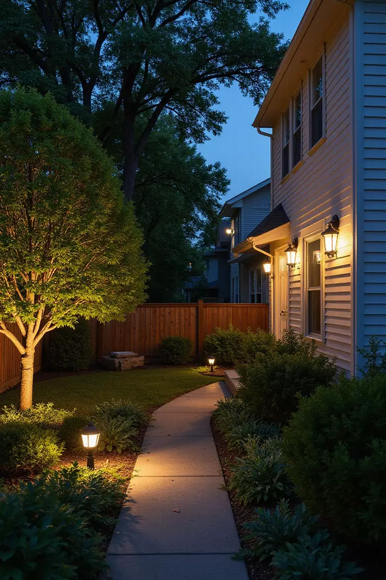 Backyard of a typical American suburban home with a garden illuminated by various outdoor lights - path lights, uplights on trees, and wall sconces on the house exterior.