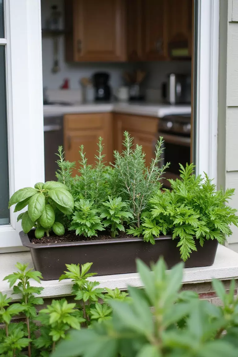 A close-up photo of a typical American home's garden featuring a kitchen window box filled with fresh herbs including basil, thyme, rosemary, and parsley, with kitchen visible through window.