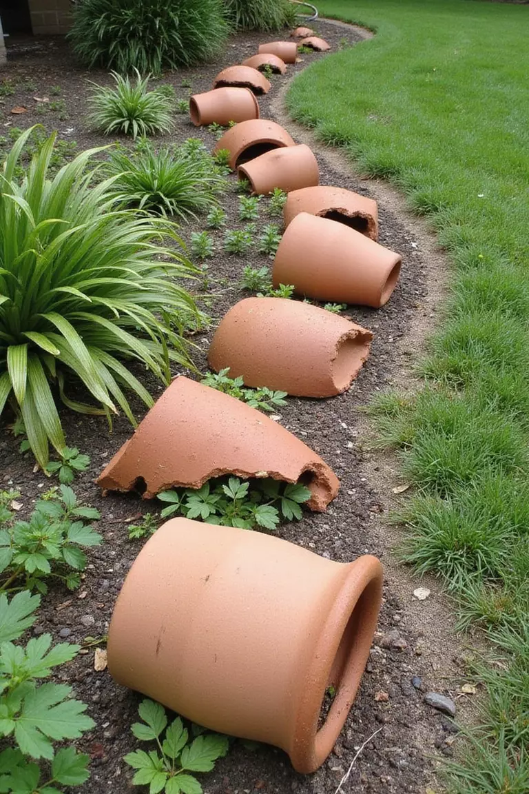 A photo of a typical American home's garden with broken terracotta pots arranged creatively along a garden border, with plants growing between the pieces.