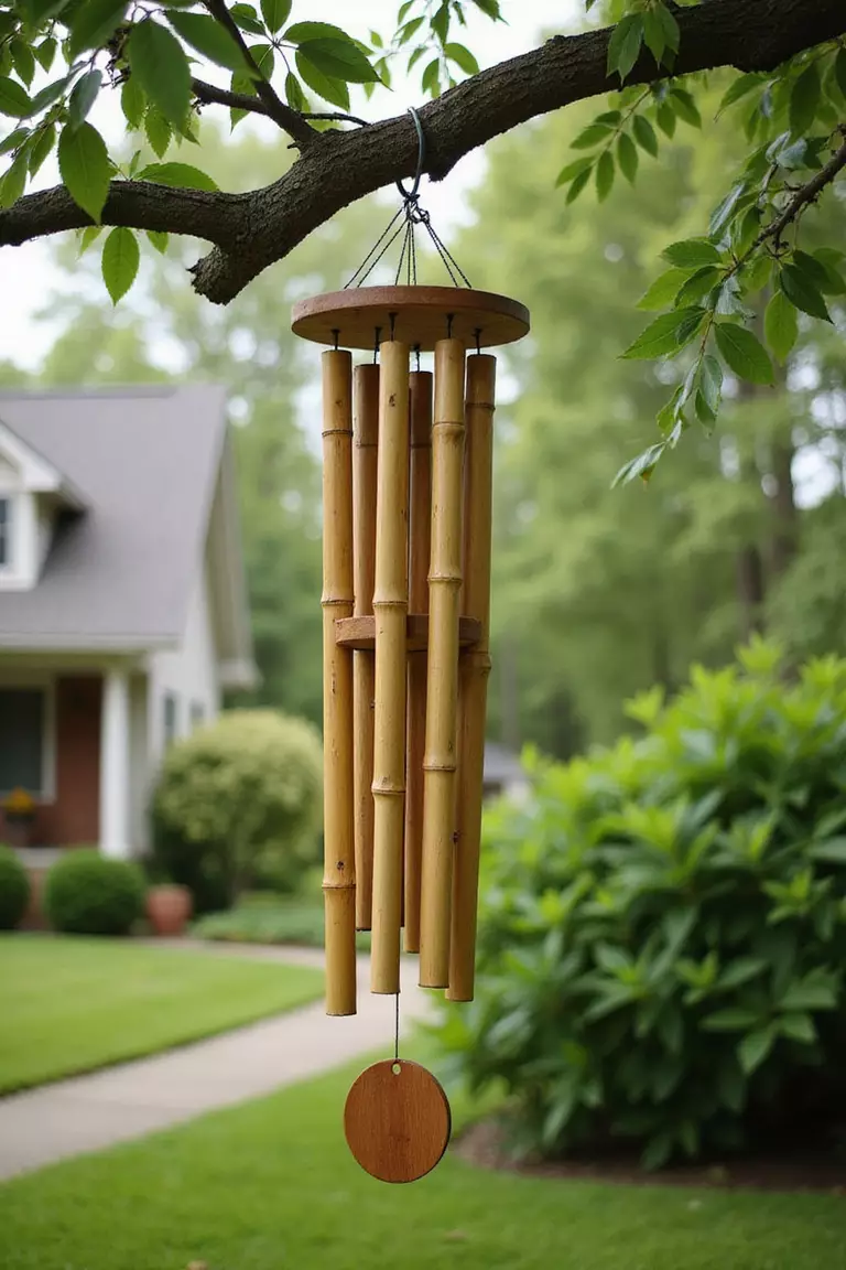 Bamboo Wind Chimes A close-up photo of a typical American home's garden featuring handmade bamboo wind chimes hanging from a tree branch, with varying lengths of hollow bamboo creating a natural musical instrument.
