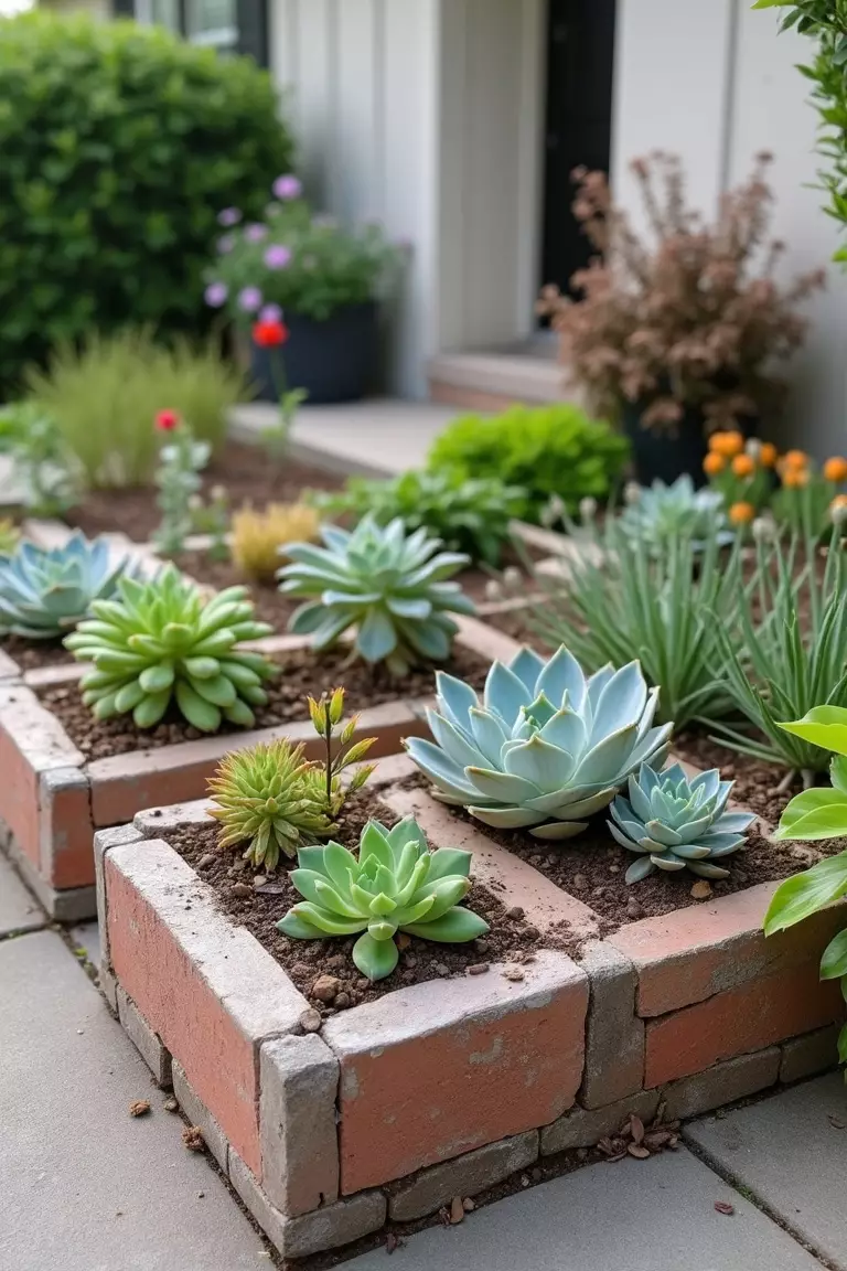 A close-up photo of a typical American home's garden with painted cinderblocks arranged as modular planters containing succulents and small flowering plants.