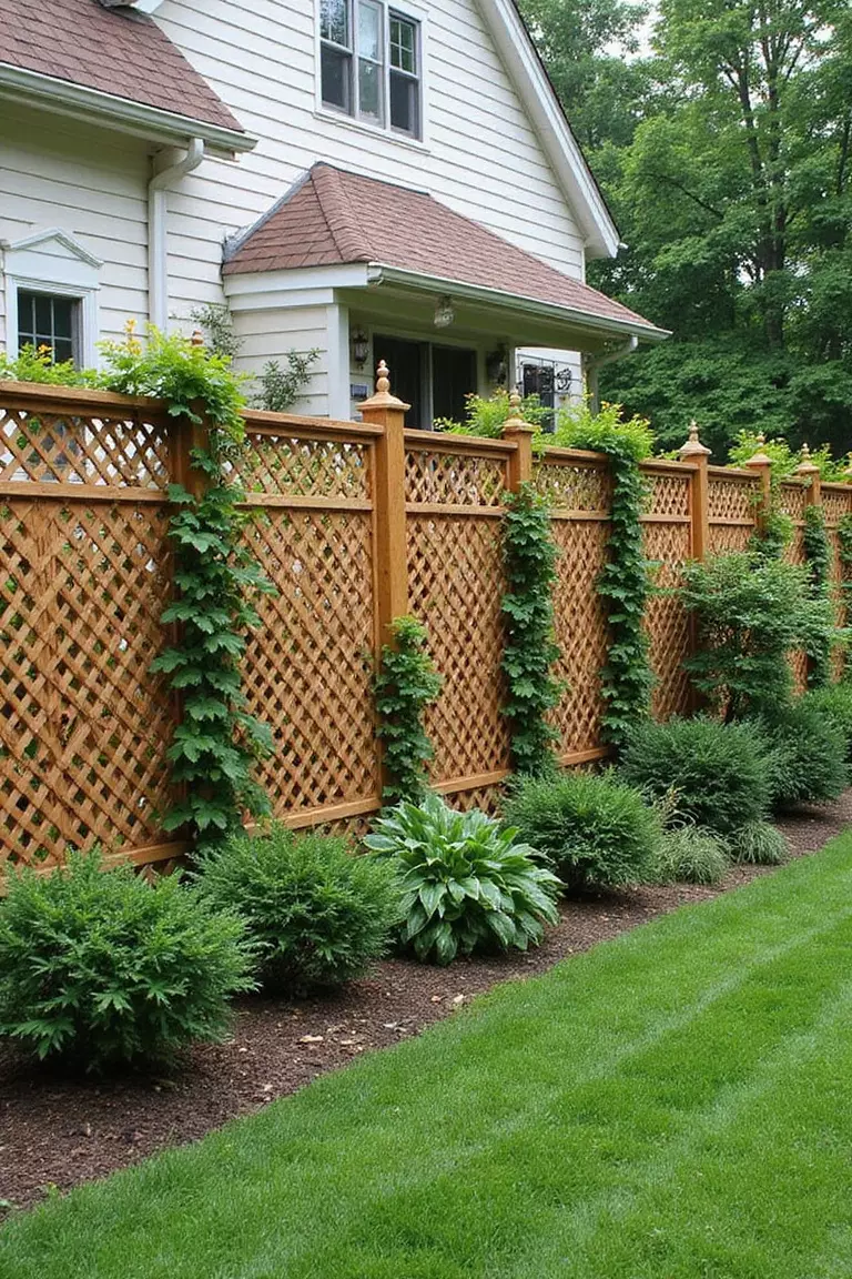 A photo of a typical American home's garden with wooden fence topped with decorative lattice trellis panels, covered in flowering vines for added height and privacy.