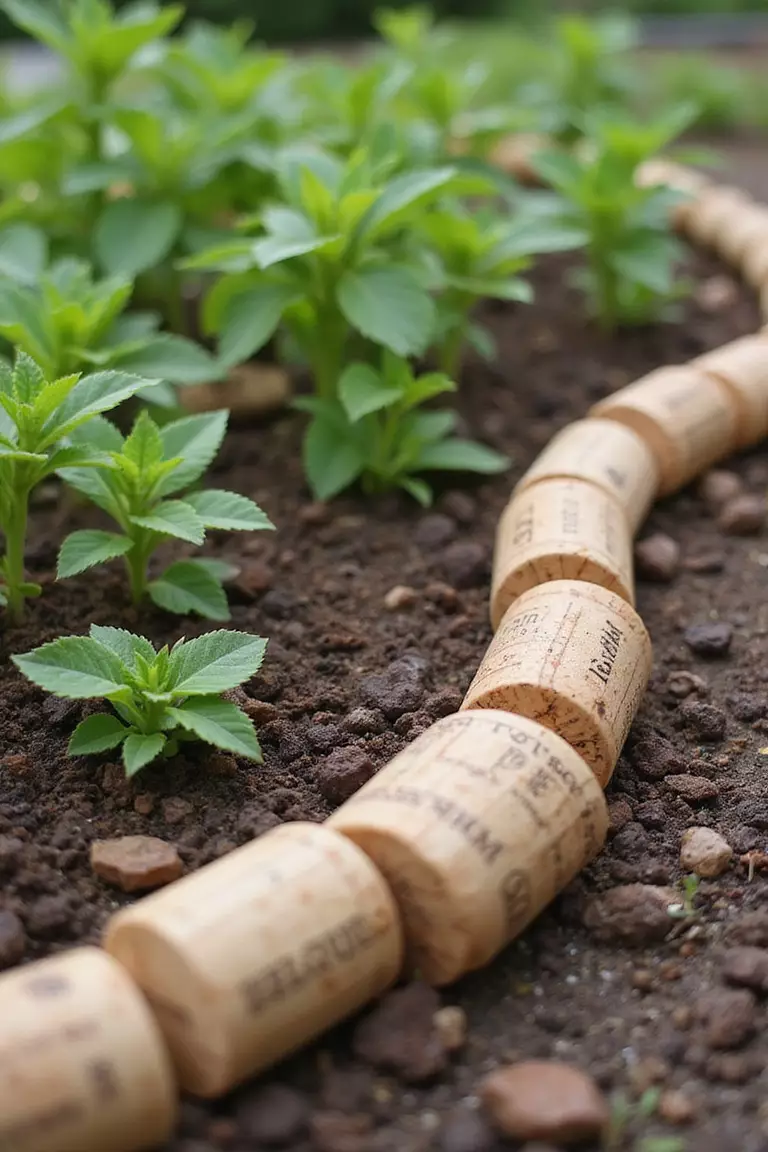 A close-up photo of a typical American home's garden with saved wine corks lined up vertically to create a short border around small plants in rich soil.