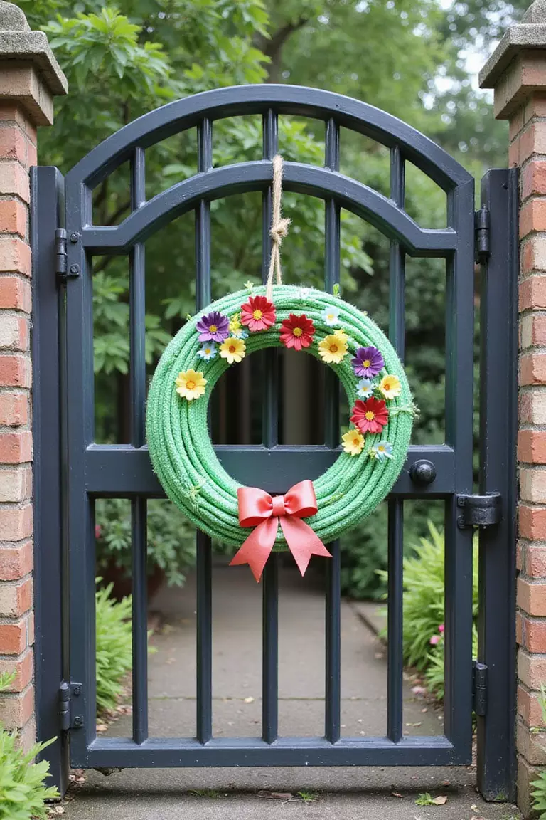 Colorful Garden Hose Wreath A close-up photo of a typical American home's garden gate decorated with a circular wreath made from a coiled green garden hose adorned with artificial flowers and a bow.