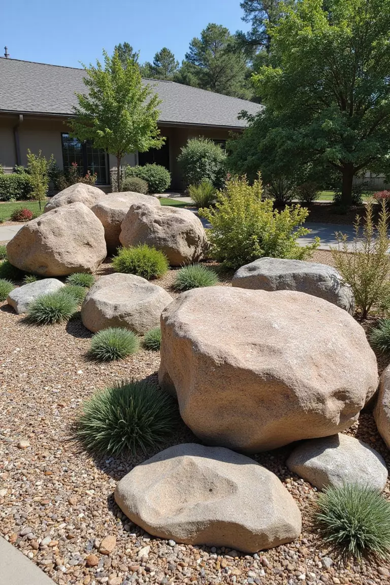 A photo of a typical American home's garden with large boulder features surrounded by smaller rocks and drought-resistant plants creating dramatic height differences.