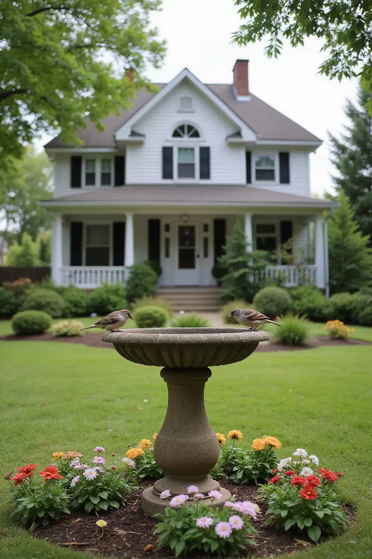 Backyard of a typical American suburban home with a garden centered around a stone bird bath with small birds perched on the edge, surrounded by blooming flowers.