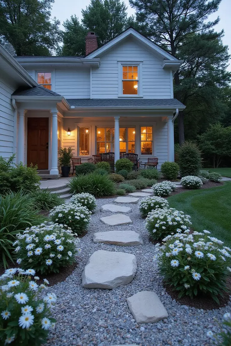 A photo of a typical American home's garden at dusk showing white and light-colored rocks, white flowers, and silver foliage plants glowing in fading light.