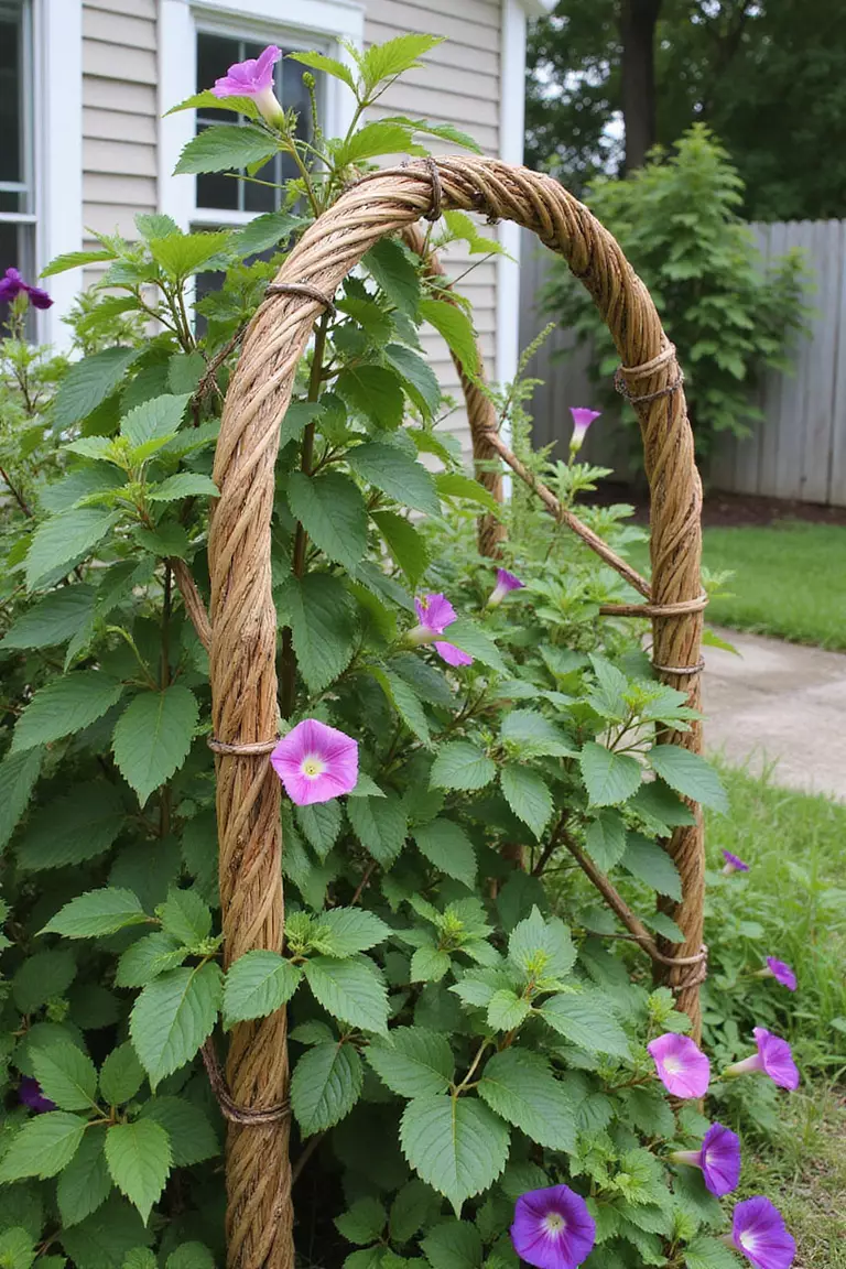 A close-up photo of a typical American home's garden with an expandable willow lattice trellis supporting climbing sweet peas and morning glories.