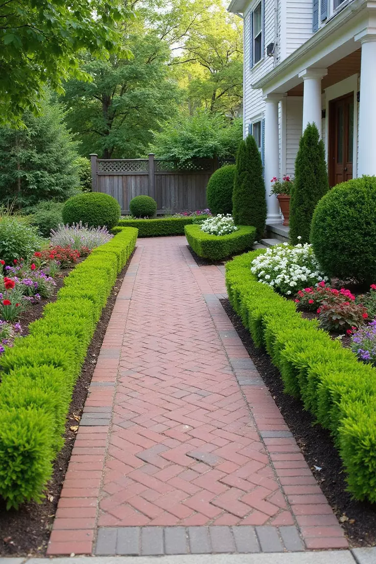 A photo of a typical American home's garden featuring a red brick pathway arranged in a herringbone pattern, bordered by manicured boxwood hedges and colorful annuals.