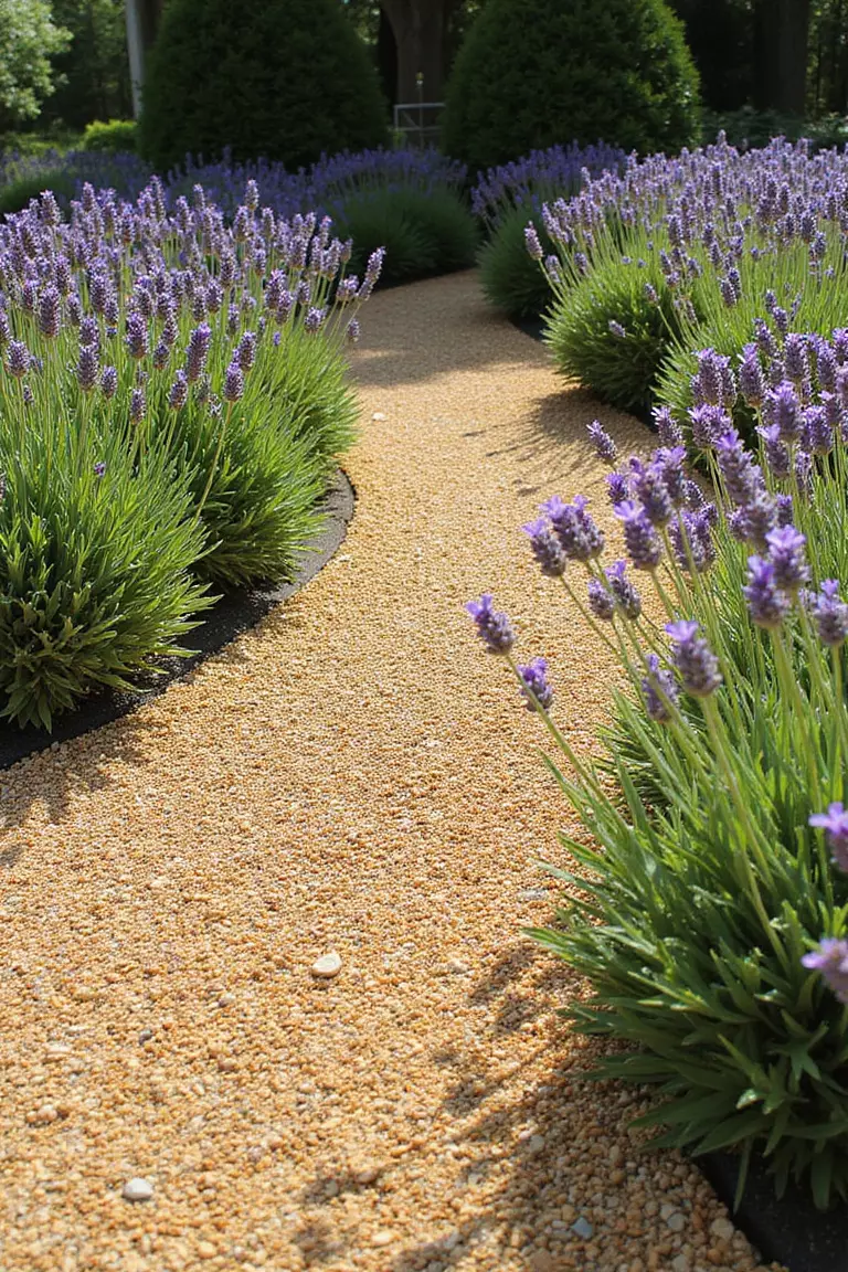 A photo of a typical American home's garden with a golden pea gravel path curving between lavender plants, with the small rounded stones creating a textured surface that catches afternoon light.