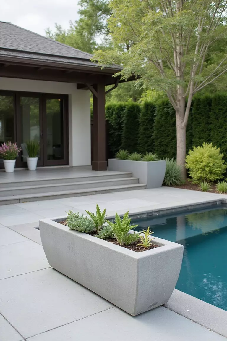 A close-up photo of a typical American home's garden featuring minimalist gray concrete rectangular planters with succulents positioned beside a pool deck.
