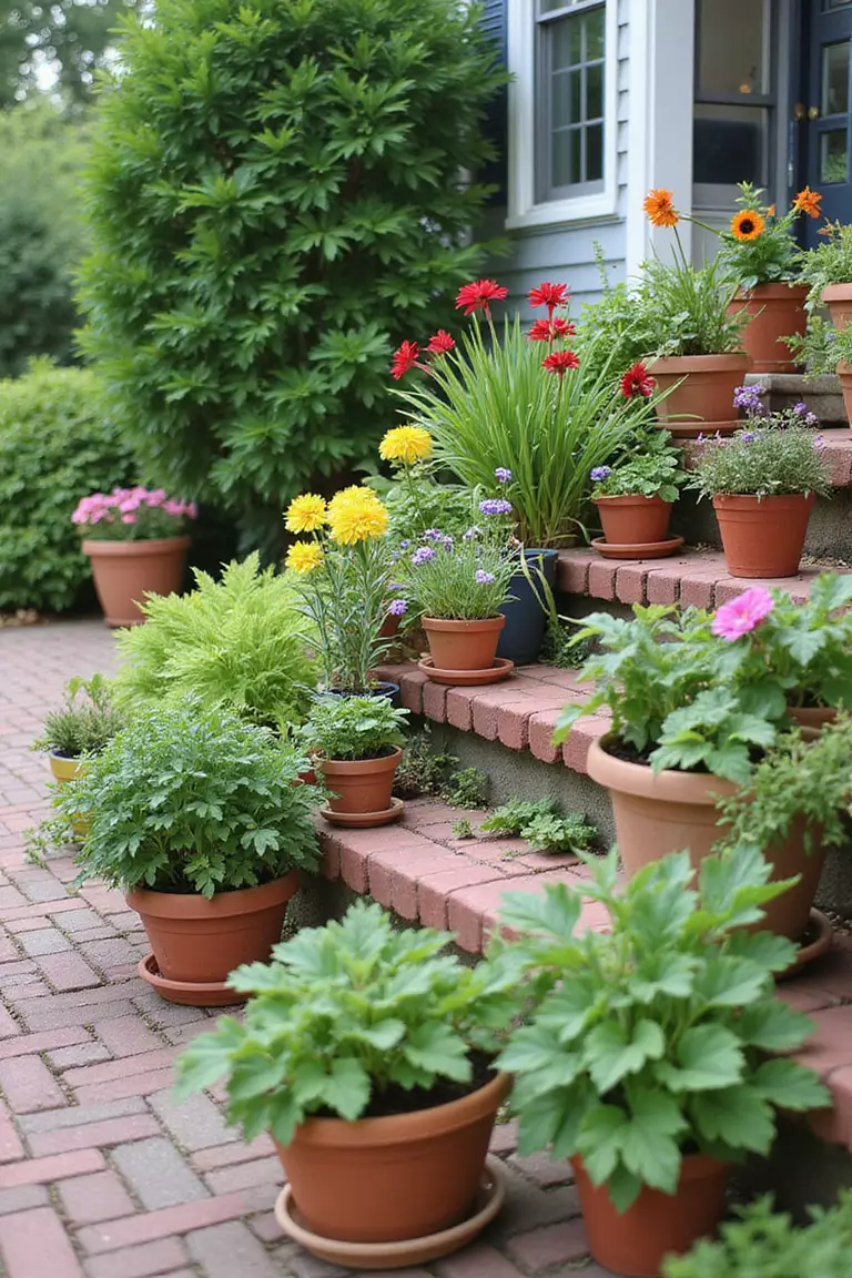 A photo of a typical American home's garden patio with colorful pots of different sizes containing flowers, herbs, and small vegetables arranged on steps and tabletops.