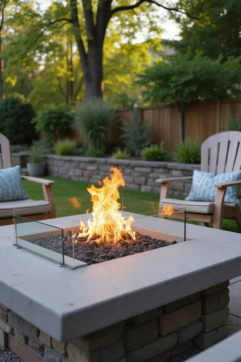 A close-up photo of a typical American home's garden featuring a modern fire pit with clear glass panels surrounding the flames, protecting from wind while showing the fire