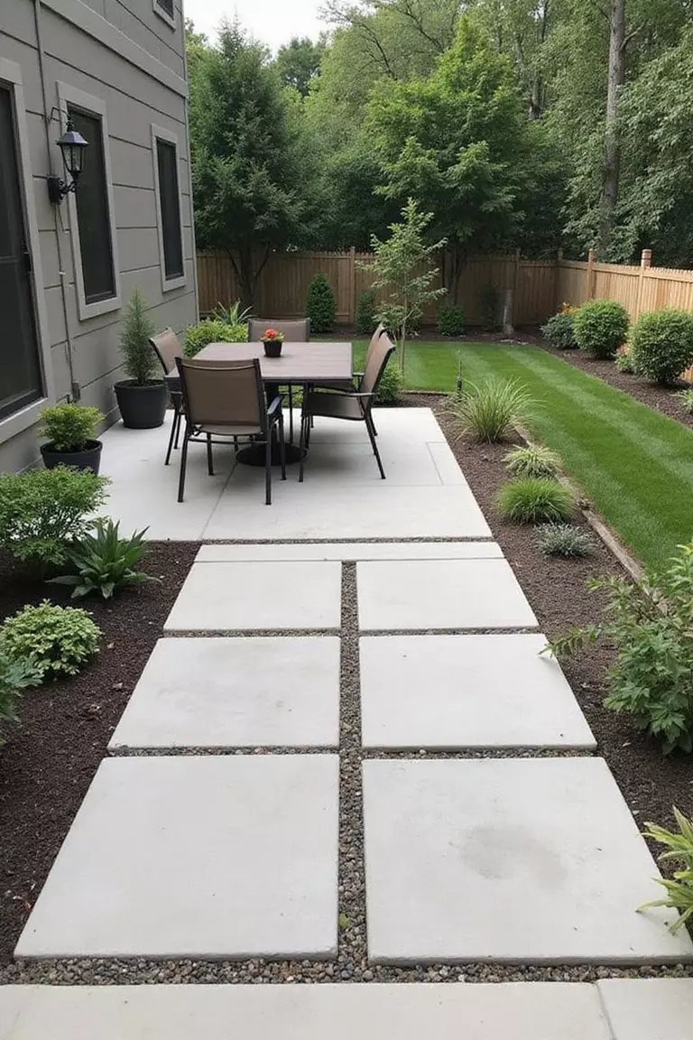 A photo of a typical American home's garden featuring sleek porcelain pavers arranged in a modern pattern, with minimal outdoor furniture and potted plants.