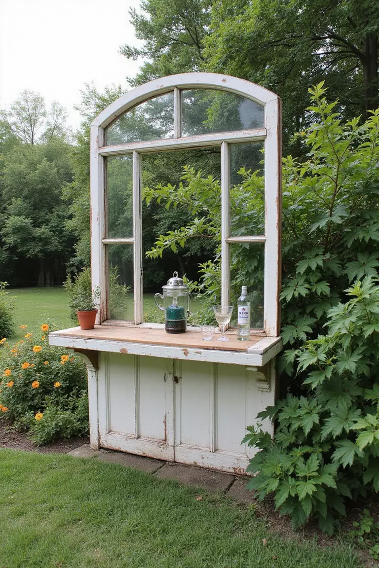 A photo of a typical American home's garden with a bar made from an antique window frame, hinged to open for serving drinks