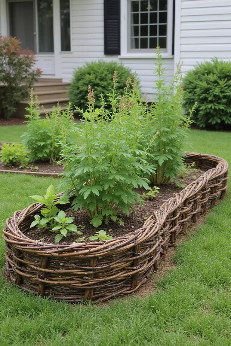 A photo of a typical American home's garden with woven willow branches forming a low, basket-like fence around a herb garden, with green plants growing within.