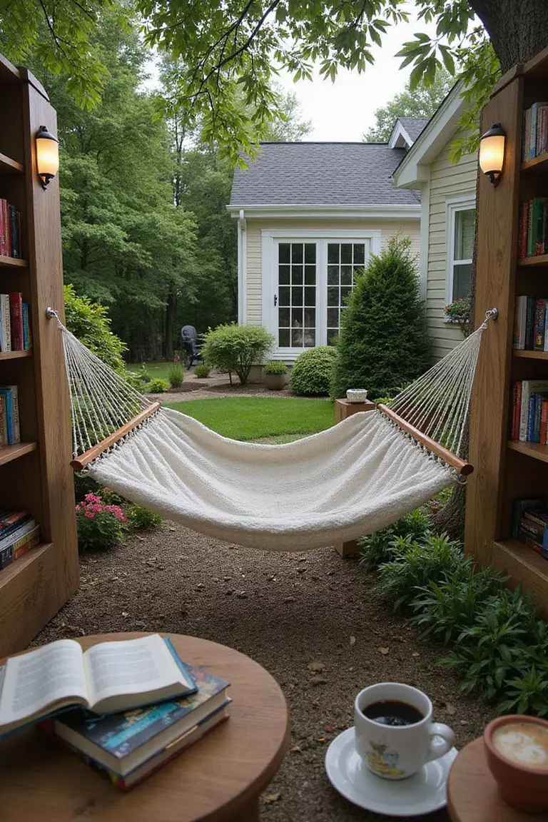 Hammock Reading Nook Backyard of a typical American suburban home with a garden showing a hammock with bookshelves built into nearby posts, a reading light, and a small side table holding coffee and books.
