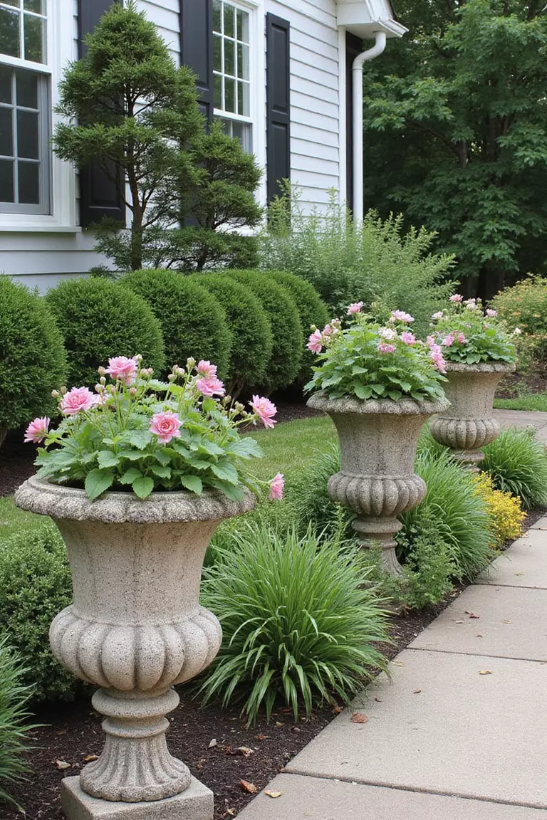 A photo of a typical American home's garden with weathered stone planters containing architectural plants and flowers, creating a timeless garden focal point.