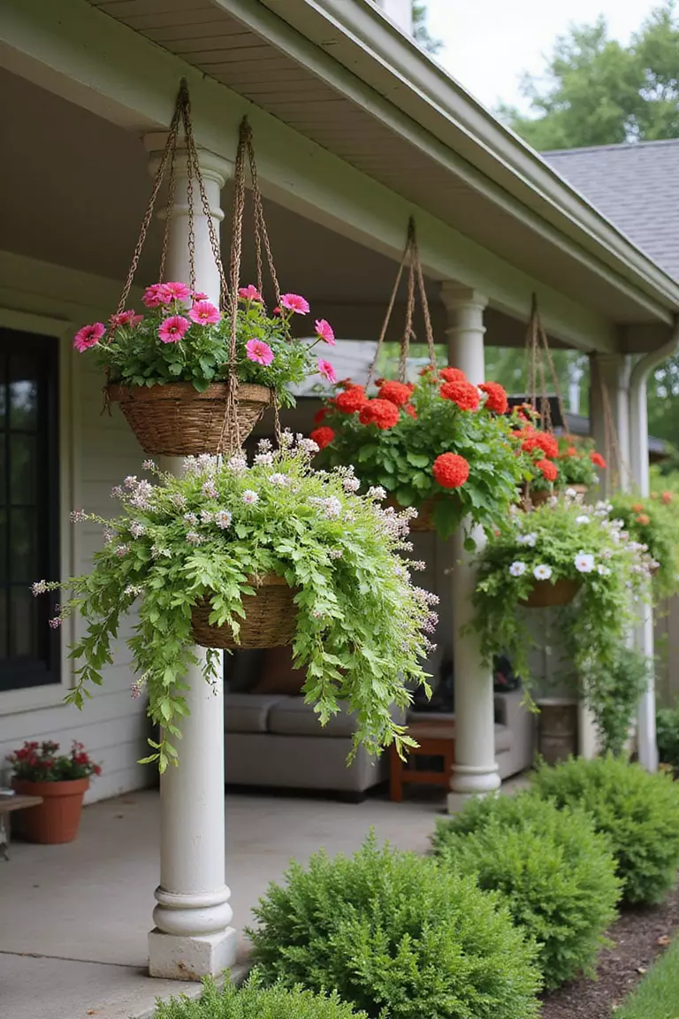 A photo of a typical American home's garden with multiple hanging baskets suspended at different heights from a patio roof, filled with cascading colorful flowers and greenery.