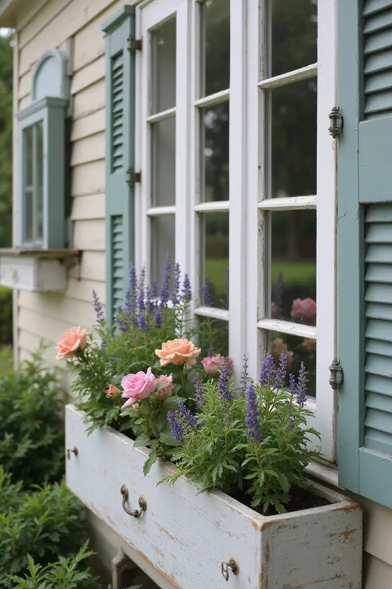 A close-up photo of a typical American home's garden with antique-style window boxes featuring distressed paint, vintage hardware, and cottage-style flowers like roses and lavender.
