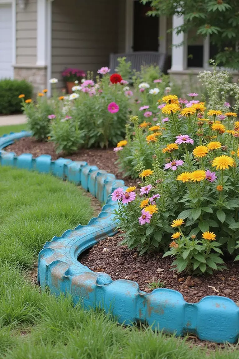 A photo of a typical American home's garden showing painted old tires cut and formed into scalloped edging around a colorful flower bed.